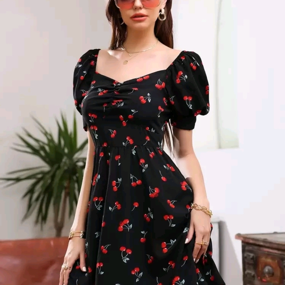 SHEIN Black Cherry Pattern Midi Dress Medium - Picture 3 of 9